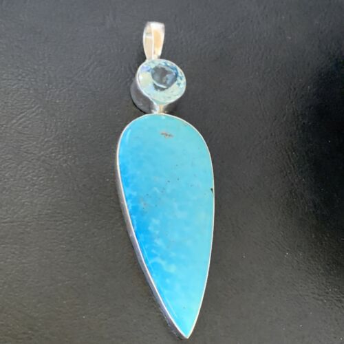 Navajo Blue Topaz Turquoise Multi-Stone Pendant | Authentic Native American Sterling Silver | 3.5" | 10712