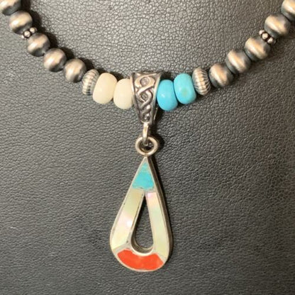 Navajo Pearls Wild Horse Turquoise Necklace Inlay Pendant | Sterling Silver | Authentic Native American Handmade | 13885