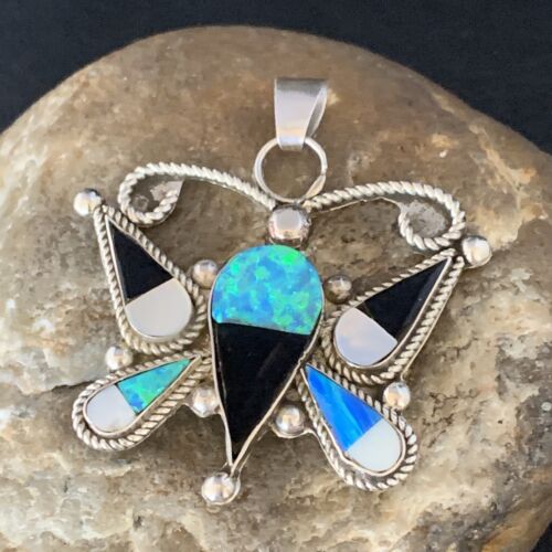 Zuni Butterfly Opal Mother of Pearl Onyx Inlay Pendant Necklace | Sterling Silver | 14207