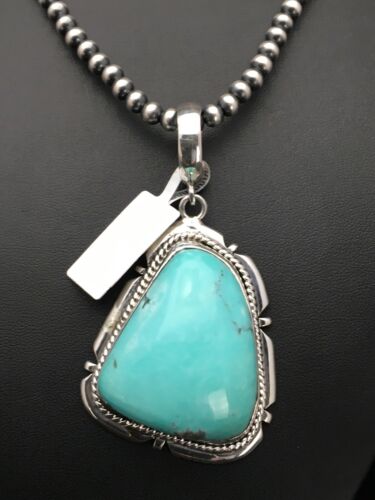 Men's Blue Turquoise Pendant | Navajo Pearls Sterling Silver Necklace | Authentic Native American Handmade | 3915
