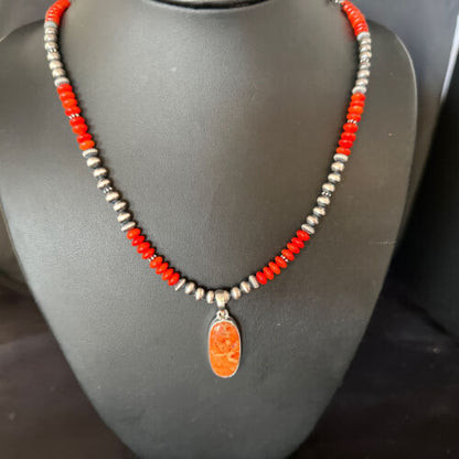 Navajo Red Apple Coral Pendant Necklace | Sterling Silver | Authentic Native American Handmade | 14373