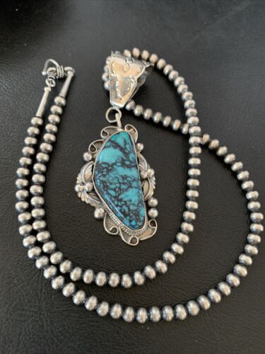 Men's Navajo Blue Spiderweb Turquoise Pendant Necklace | Sterling Silver | Authentic Native American Handmade | 10661