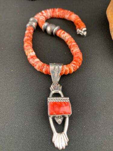 Navajo Red Spiny Oyster Pendant Necklace | Sterling Silver | Authentic Native American Handmade | 4784