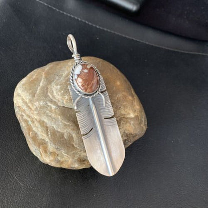 Men's Wild Horse Turquoise Feather Pendant | Navajo Sterling Silver | Authentic Native American Handmade | 13986