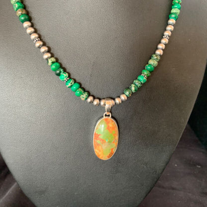 Navajo Pearls Green Turquoise Pendant Necklace | Sterling Silver Beads | Authentic Native American Handmade | 13309