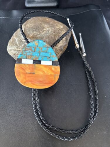 Men's Bolo Tie | Turquoise & Orange Spiny Oyster | Sterling Silver Tips | Authentic Native American Handmade | 14630