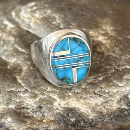 Navajo Blue Turquoise Inlay Ring | Sterling Silver | Sz 9.5 | Authentic Native American Handmade | 14749