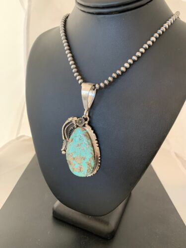 Men's Blue Turquoise Pendant Necklace | Navajo Pearls | Sterling Silver | Authentic Native American Handmade | 2565