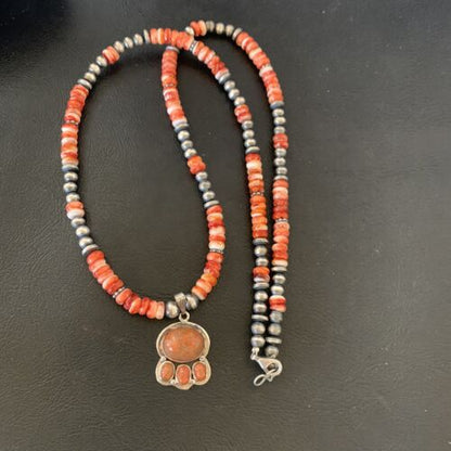 Navajo Pearl Necklace with Red Apple Coral, Spiny Oyster Pendant | Authentic Native American Sterling Silver | Multi-Stone | 12390