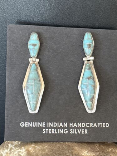 Navajo Blue Turquoise Inlay Earrings | Sterling Silver | 1" | Authentic Native American Handmade | 14775