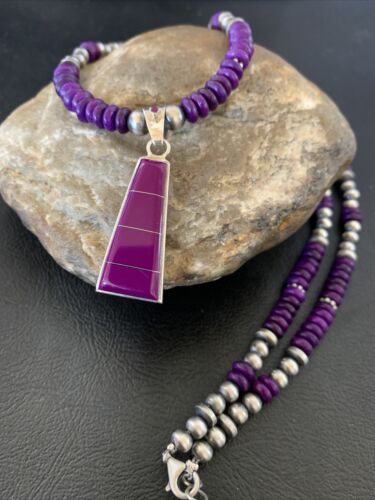 Authentic Native American Navajo Pearl Necklace with Purple Sugilite Pendant | Sterling Silver | 18" | 12349