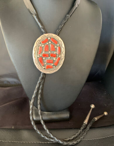 Navajo Men's Bolo Tie | Natural Red Coral Cluster | Sterling Silver | Authentic Native American Handmade | 13671
