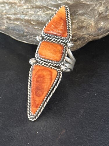 Navajo Orange Spiny Oyster Multi-Stone Ring | Authentic Native American Sterling Silver | Multi-Stone | Sz 7.5 | 14504