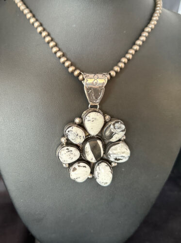 Navajo White Buffalo Turquoise Cluster Pendant | Authentic Native American Sterling Silver | Multi-Stone | 14676 - Masha USA
