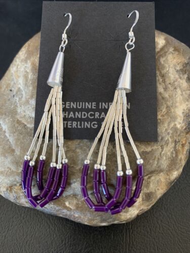 Handmade Liquid Silver Heishi Tube Beads Sugilite Earrings | Sterling Silver | 2" | 13048