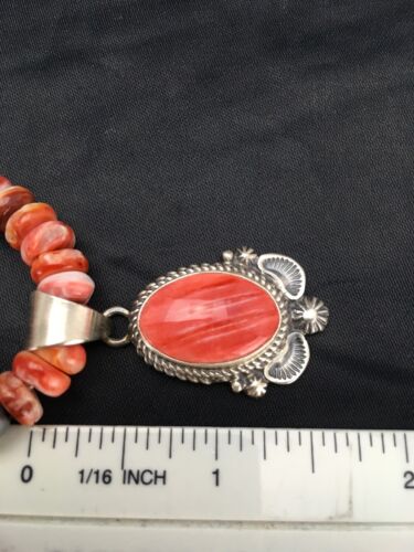 Navajo Red Spiny Oyster Pendant Necklace | Sterling Silver | Authentic Native American Handmade | 2690