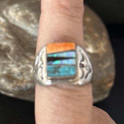 Navajo Sterling Silver Turquoise Spiny Oyster Inlay Ring | Sz 8.5 | Multi-Color | 14747 - Masha USA