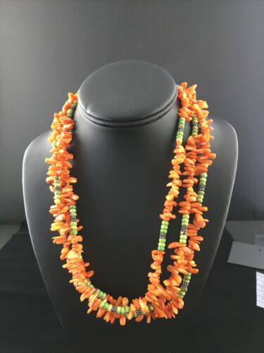 Navajo Pearls 3-Strand Necklace | Sterling Silver Orange Coral | 19" | Authentic Native American Handmade | 10042