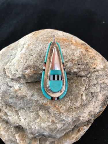 Navajo Zuni Multi-Stone Turquoise Sterling Silver Pendant | Rare Collectible | 2-Sided | Native American Handmade