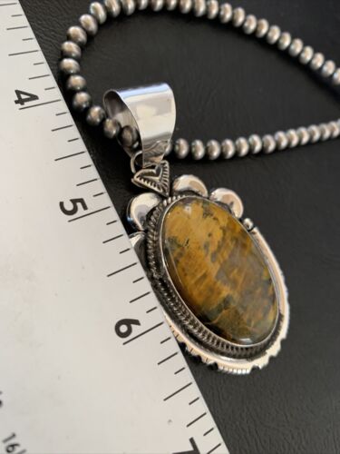 Men's Navajo Pearl Necklace with Sterling Silver Coffee Tiger's Eye Pendant | Authentic Native American Handmade | 11688 - Masha USA