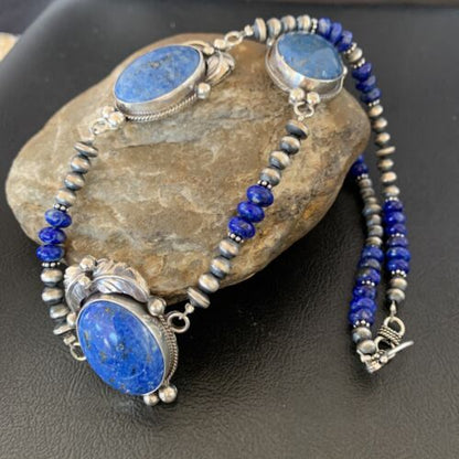 Navajo Pearls Necklace with 3 Stone Blue Denim Lapis Pendant | Sterling Silver | Native American Handmade | 10822