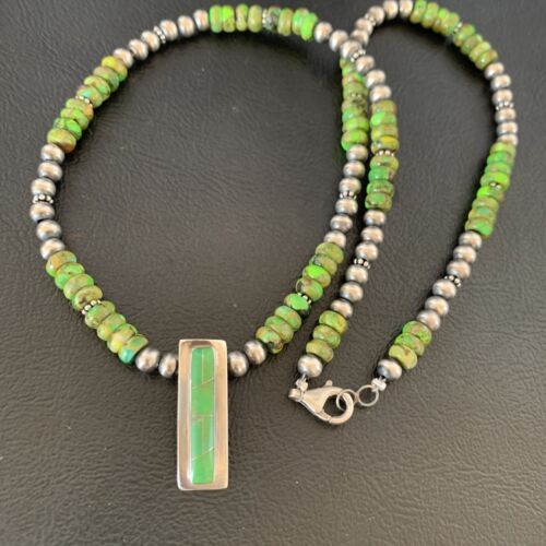 Navajo Green Gaspeite Turquoise Inlay Pendant | Sterling Silver | Authentic Native American Handmade | 13265