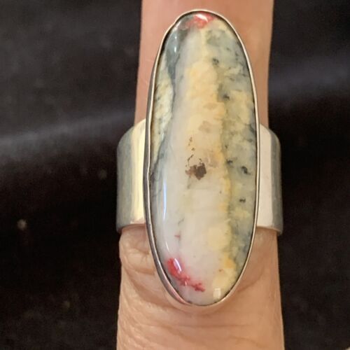 Southwestern Navajo Cinnabrite Ring | White Black | Sterling Silver | Sz 7.5 | 1558