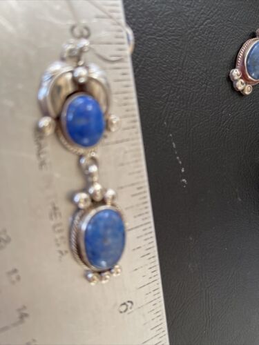 Native American Navajo Denim Lapis Dangle Earrings | Sterling Silver | 2" | 01681