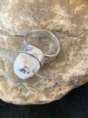 Navajo White Buffalo Turquoise Ring | Sterling Silver | Sz 9.5 | Authentic Native American Handmade | 1445