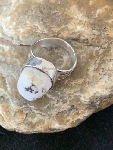 Navajo White Buffalo Turquoise Ring | Sterling Silver | Sz 9.5 | Authentic Native American Handmade | 01445