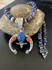 Navajo Native American Blue Lapis Spiny Oyster Naja Pendant | Sterling Silver | 11495