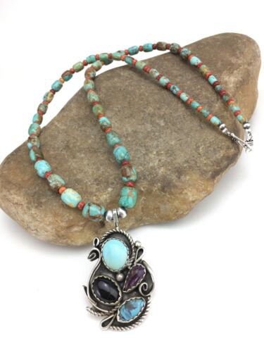 Navajo Turquoise and Spiny Oyster Multi-Stone Necklace | Authentic Native American Sterling Silver | 21" | 4885