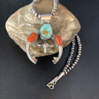 Navajo Pearl Necklace with Royston Turquoise & Coral Naja Pendant | Sterling Silver | 13643
