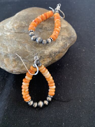 Southwestern Sterling Silver Navajo Pearl Spiny Oyster Bead Earrings | 2" | Authentic Native American Handmade | 854