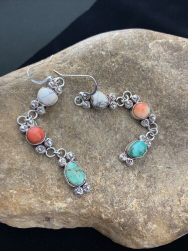 Navajo Spiny, Turquoise & Howlite Dangle Earrings | Sterling Silver | Authentic Native American Handmade | 01618