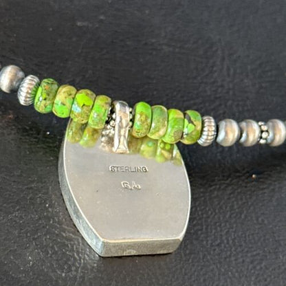 Navajo Green Turquoise Inlay Pendant Necklace | Sterling Silver | 22" | Authentic Native American Handmade | 14610