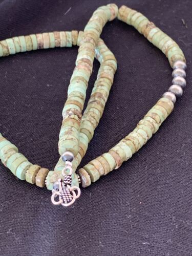 Navajo Green Turquoise Heishi Necklace Stabilized  | 8mm | 20" Sterling Silver | Southwestern Native American | 00969