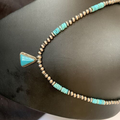 Men's Blue Turquoise Pendant Necklace | Navajo Pearls | Sterling Silver | Native American Handmade | 12616