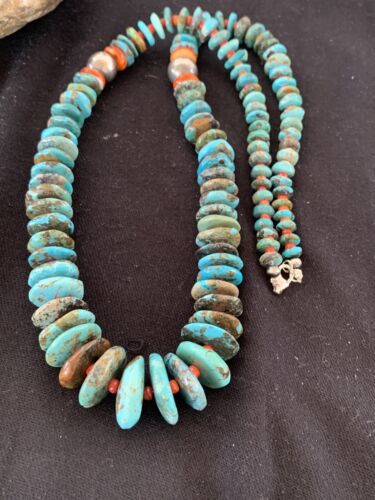 Navajo Sterling Silver Natural Blue Turquoise & Spiny Oyster Graduated Necklace | Authentic Native American | 28" | 331