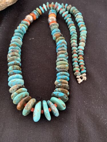 Navajo Sterling Silver Natural Blue Turquoise & Spiny Oyster Graduated Necklace | Authentic Native American | 28" | 331