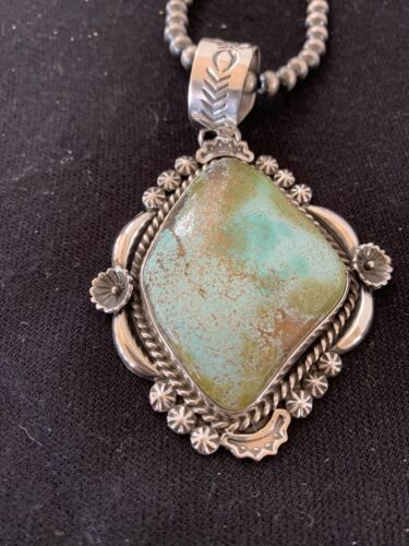 Men's Navajo Pearls Necklace with Royston Turquoise Pendant | Sterling Silver | Native American Handmade | 522
