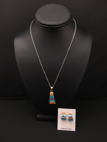Navajo Multi-Stone Inlay Pendant Necklace & Earrings Set | Sterling Silver | Authentic Native American Handmade | 4741