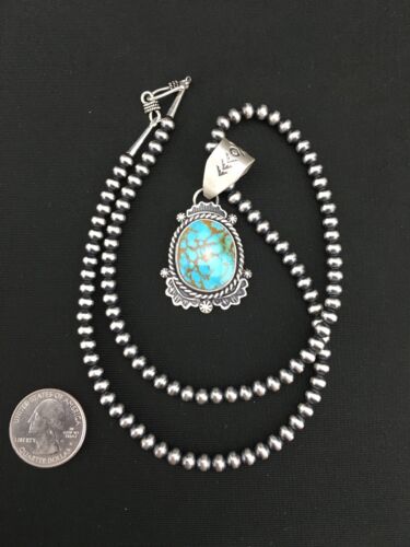 Navajo Sterling Silver Necklace | Spiderweb Turquoise Pendant | 2.25" | Authentic Native American Handmade | 13918