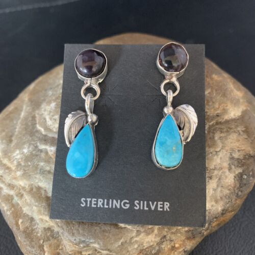 Navajo Purple Sugilite and Blue Turquoise Dangle Leaf Earrings | Sterling Silver | Native American Handmade | 13451