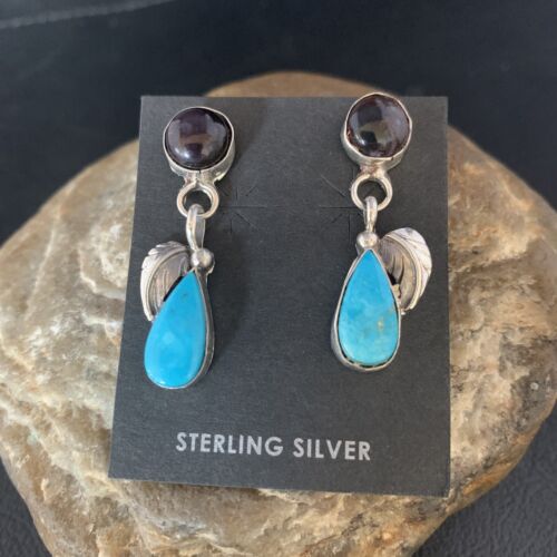 Navajo Purple Sugilite Blue Turquoise Dangle Leaf Earrings | Sterling Silver | Authentic Native American Handmade | 13452