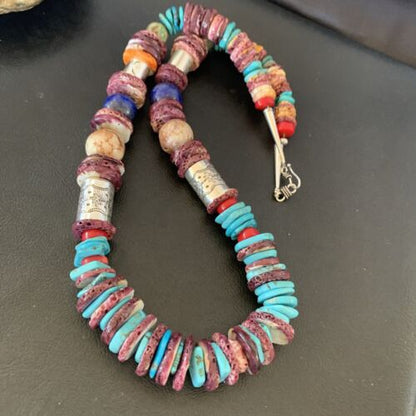 Navajo Sterling Silver Necklace | Turquoise, Spiny Oyster, Coral, Lapis | 24" | Authentic Native American | 10825