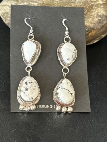 Navajo White Buffalo Turquoise Dangle Earrings | Sterling Silver | 2.5" | Authentic Native American Handmade | 14800