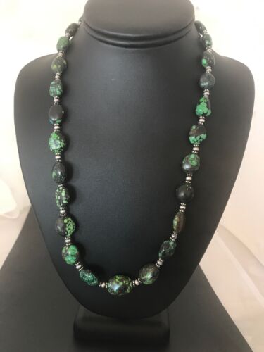 Navajo Green Spiderweb Turquoise Nugget Necklace | Sterling Silver | 22" | Authentic Native American Handmade | 3214