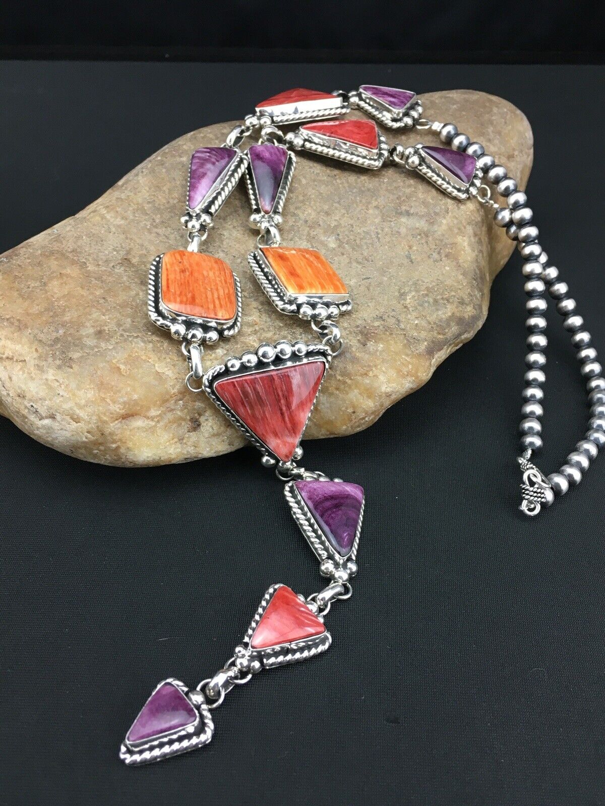 Navajo Spiny Oyster Pendant Necklace | Sterling Silver Lariat | Authentic Native American Handmade | 4904