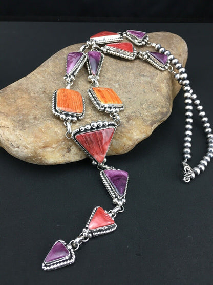 Navajo Spiny Oyster Pendant Necklace | Sterling Silver Lariat | Authentic Native American Handmade | 4904